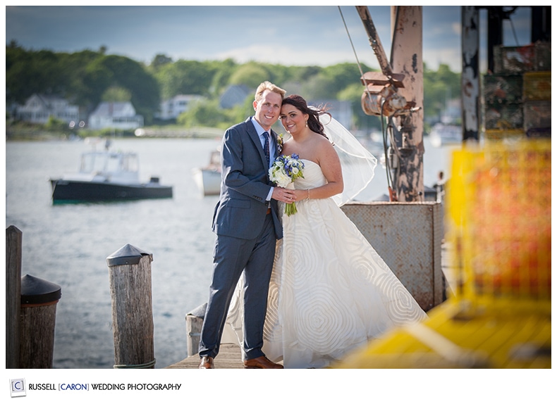 Bride and groom on Cape Porpoise dock