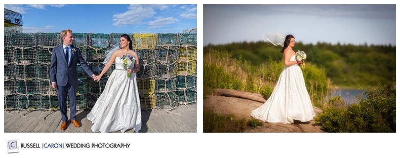 Bride and groom in front of lobster traps, Cape Porpoise