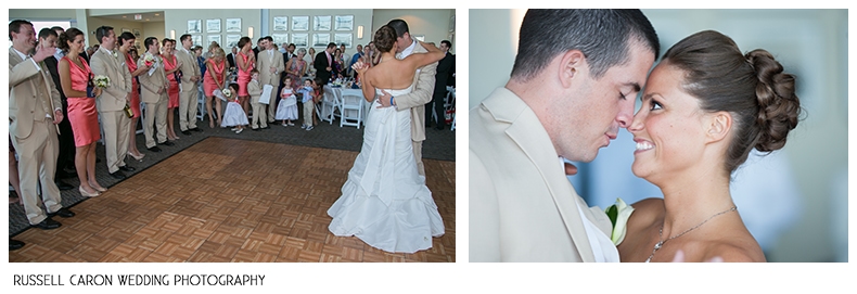 Bride and groom during wedding day first dance at Ocean Gateway, Portland, Maine