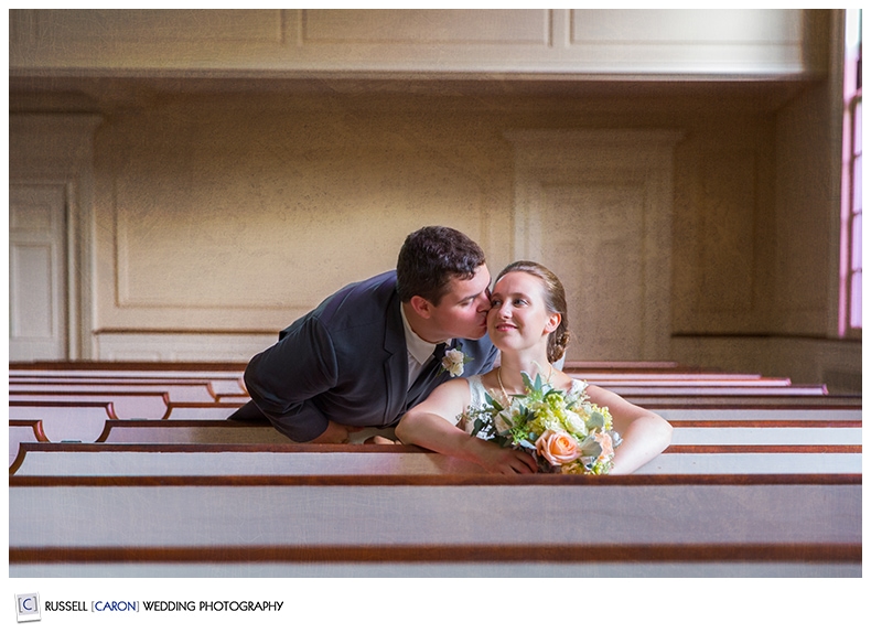 Bride and groom at First Congregational Church, Camden Maine