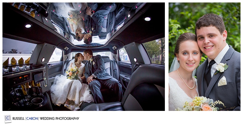 Photos of the bride and groom in limo, portrait of bride and groom, Camden Maine wedding