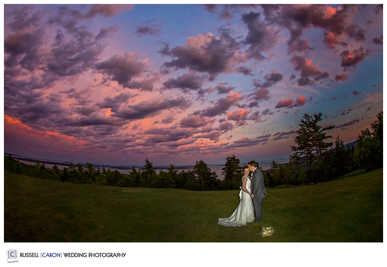 Bride and groom during sunset at Point Lookout, Maine wedding