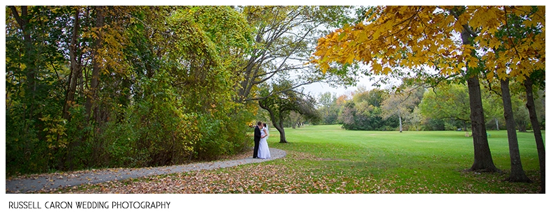 Bride and groom at Royal River Park, Yarmouth Maine