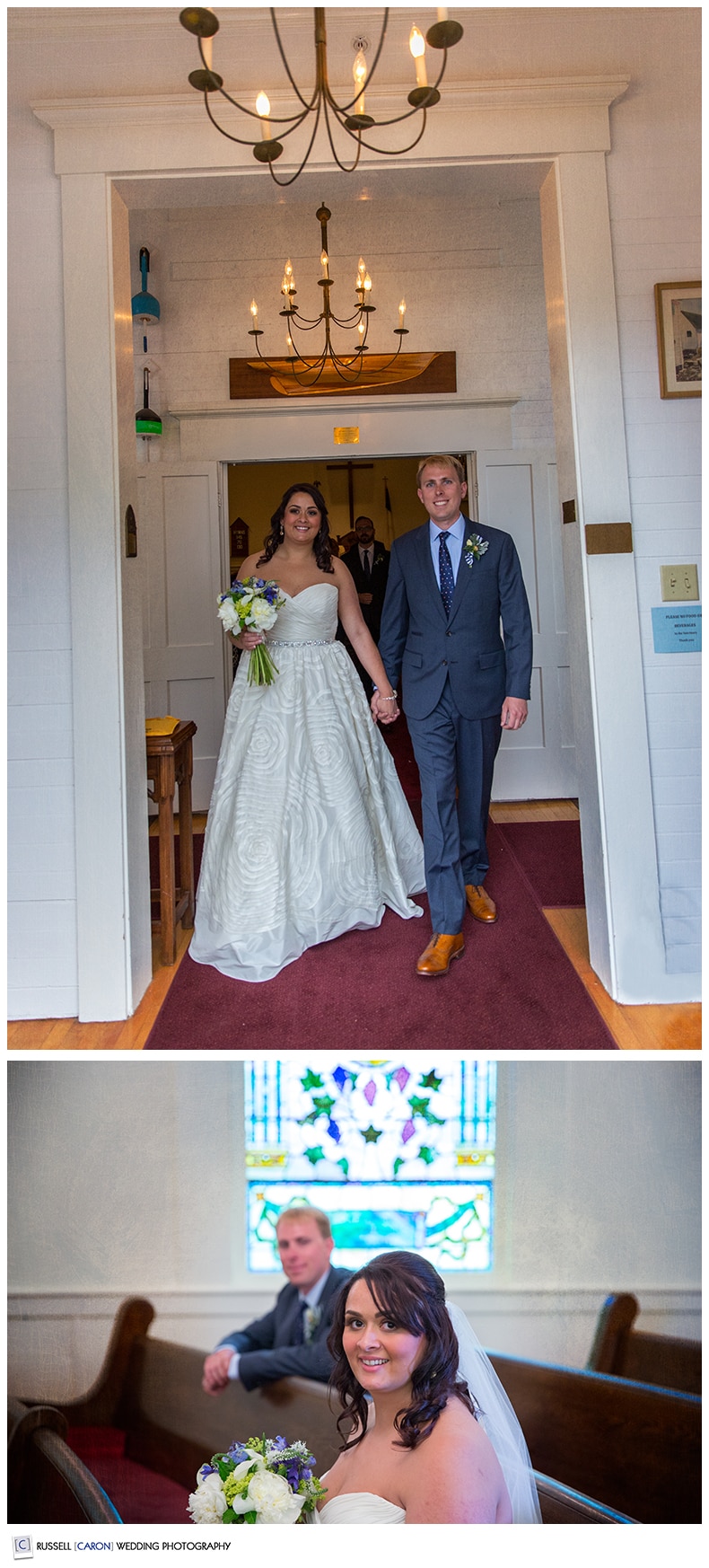 Bride and groom during wedding recessional, bride and groom in church