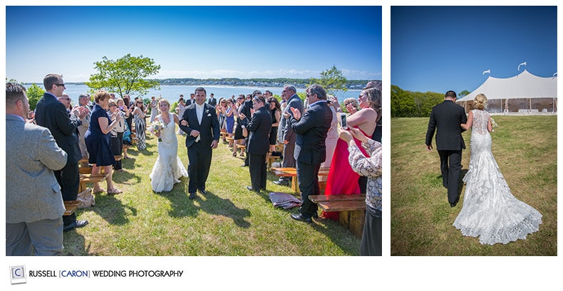 Bride and groom during recessional at outdoor wedding, Cape Elizabeth Maine