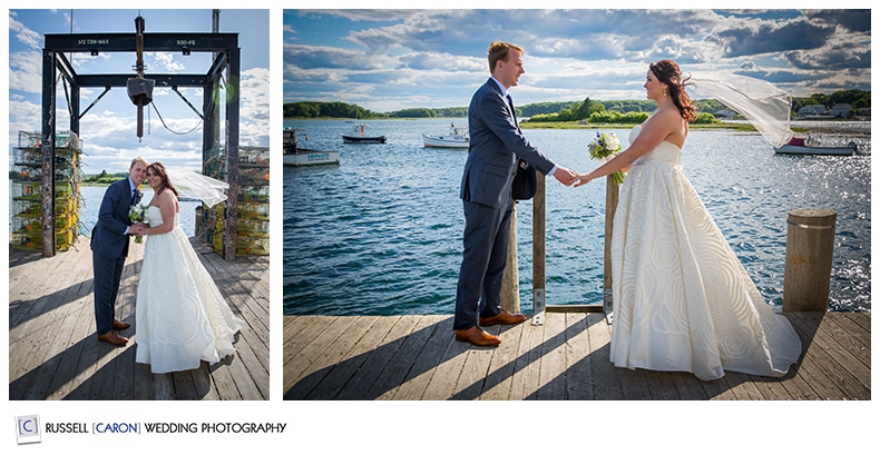 Bride and groom on the pier at Pier 77, Cape Porpoise