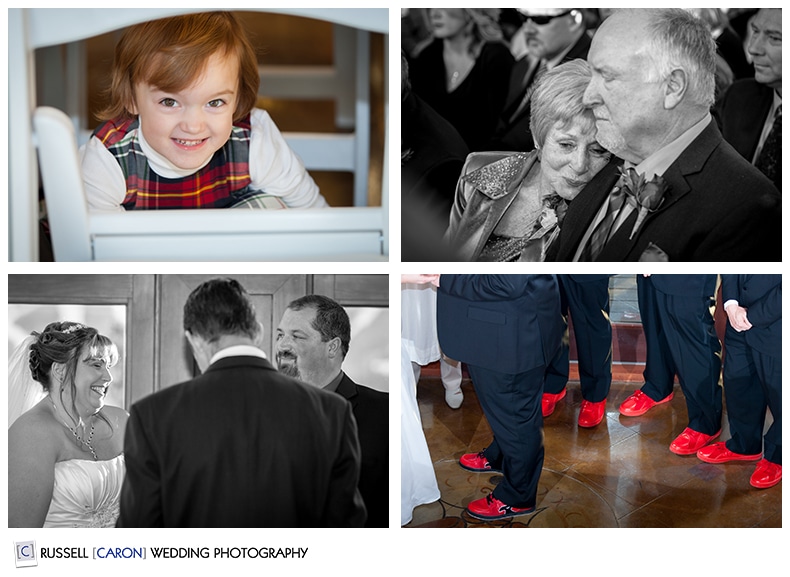 Guests at wedding, red groomsmen's shoes, bride and groom during ceremony
