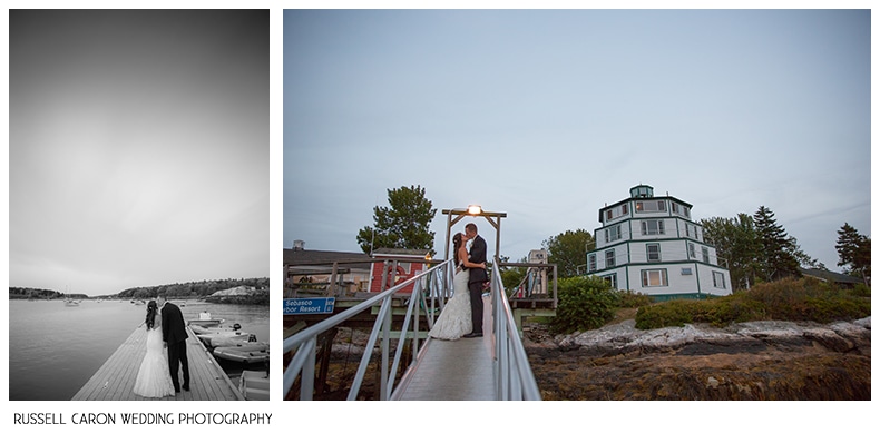 Bride and groom on the dock at Sebasco Resort, Phippsburg, Maine