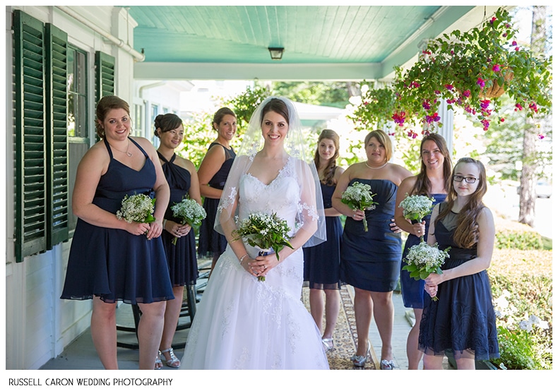 Bridesmaids photos on the front porch of the Whitehall, Camden Maine
