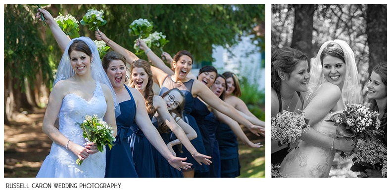 Bride and bridesmaids have fun during photos at the Whitehall, Camden Maine