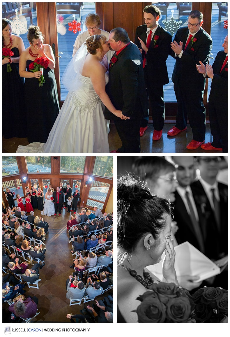 Bride and groom first kiss, wedding ceremony at Ski Esta wedding