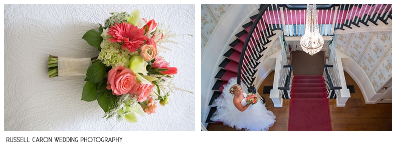Bridal bouquet, bride on the stairs at Glen Magna Farms