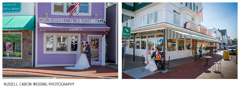 Bride and groom photographed in downtown York Beach, Maine