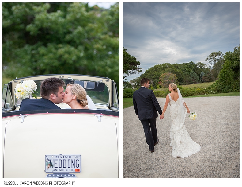 Bride and groom kissing in antique car