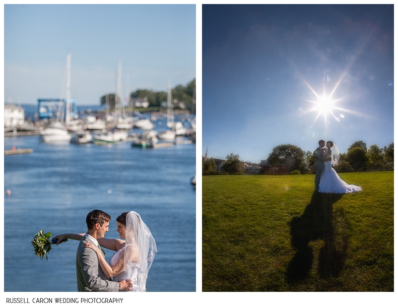 Bride and groom at Camden Harbor, Camden Maine weddings