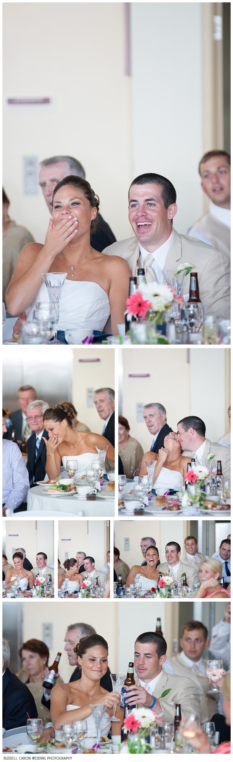 Bride and groom laughing during wedding reception toasts