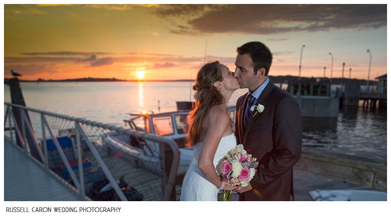 Bride and groom during sunset on Peaks Island
