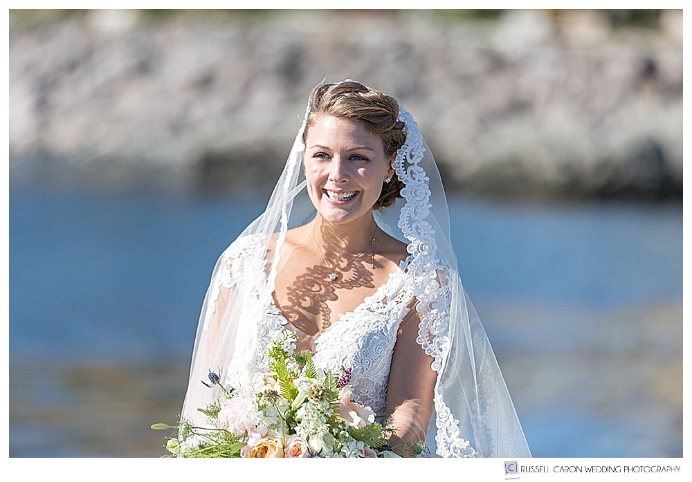 Bride during first look during Peaks Island Maine wedding