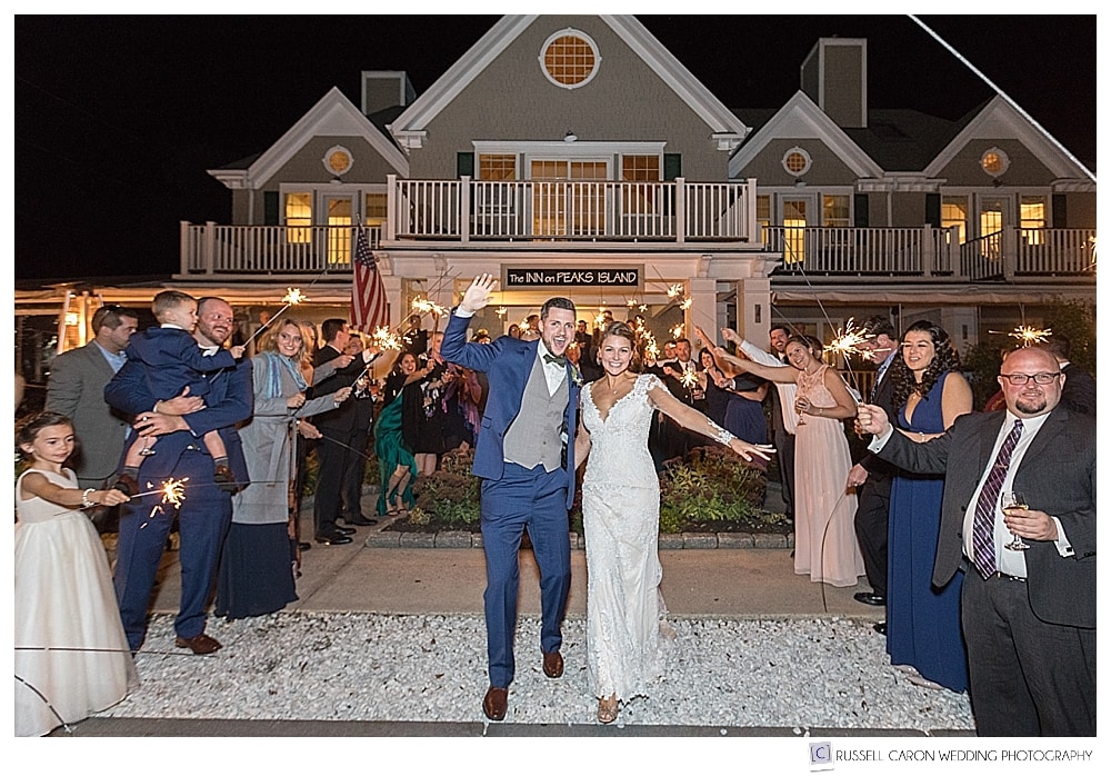 Bride and groom during sparkler exit at the Inn on Peaks Island