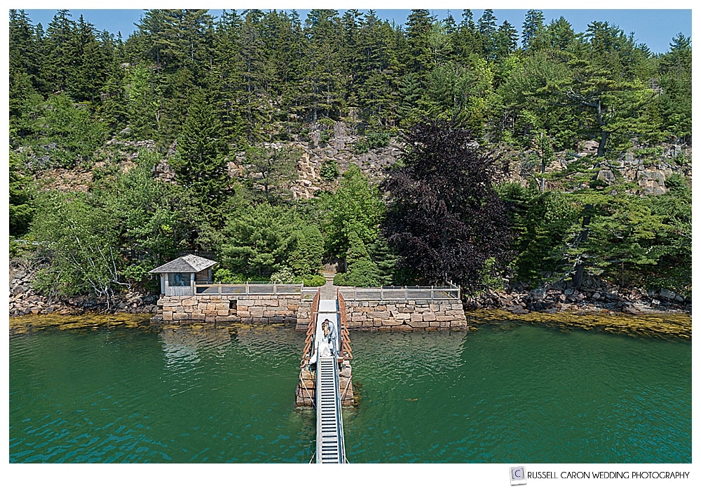 bride and groom photographed by drone in Northeast Harbor Maine