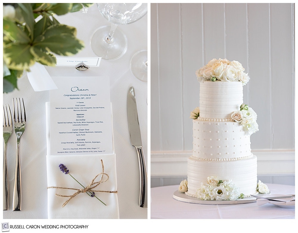 side by side photos of a wedding cake and place setting at a Cape Arundel Inn wedding reception, Kennebunkport, Maine