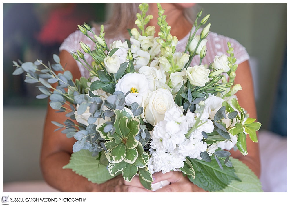 beautiful white and green bridal bouquet by Calluna Fine Flowers, Ogunquit, Maine
