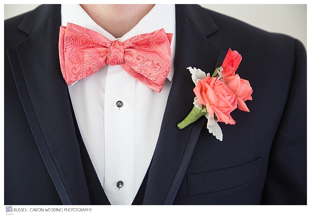 Coral bow tie with navy suit, Liz Loves Lists 4