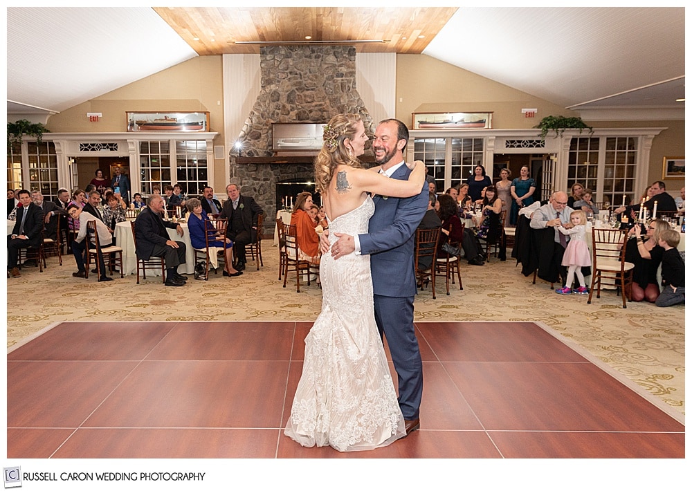 bride and groom on the dance floor at their midcoast maine wedding reception, northport, maine