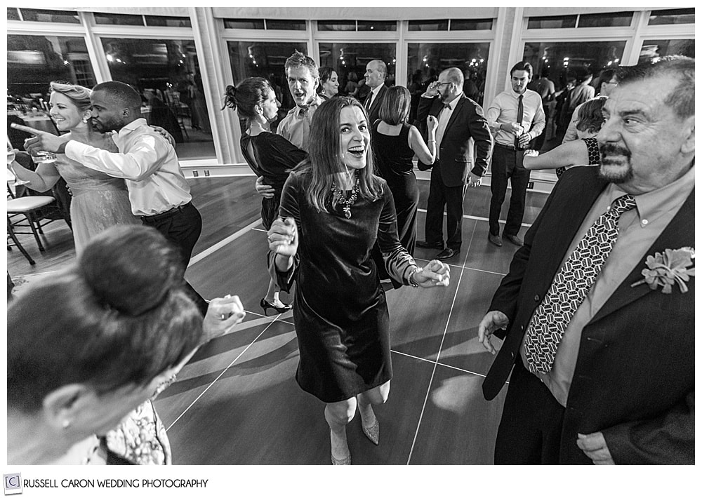 black and white photo of dancing at a midcoast maine wedding reception