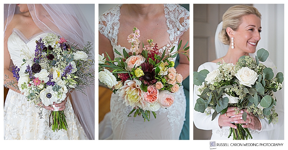 Three brides, with bouquets from Maine wedding floral designers and florists