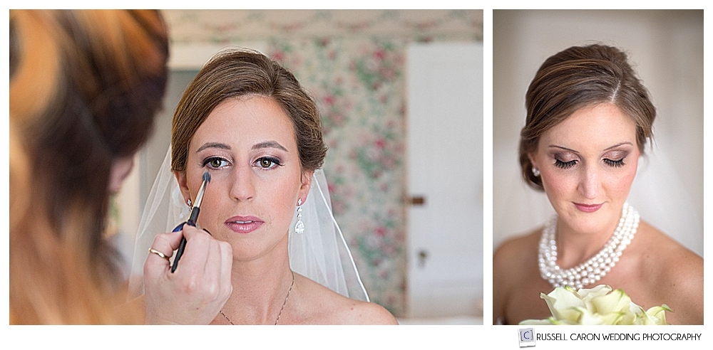 Two brides, one having makeup touched up, the other in a bridal portrait