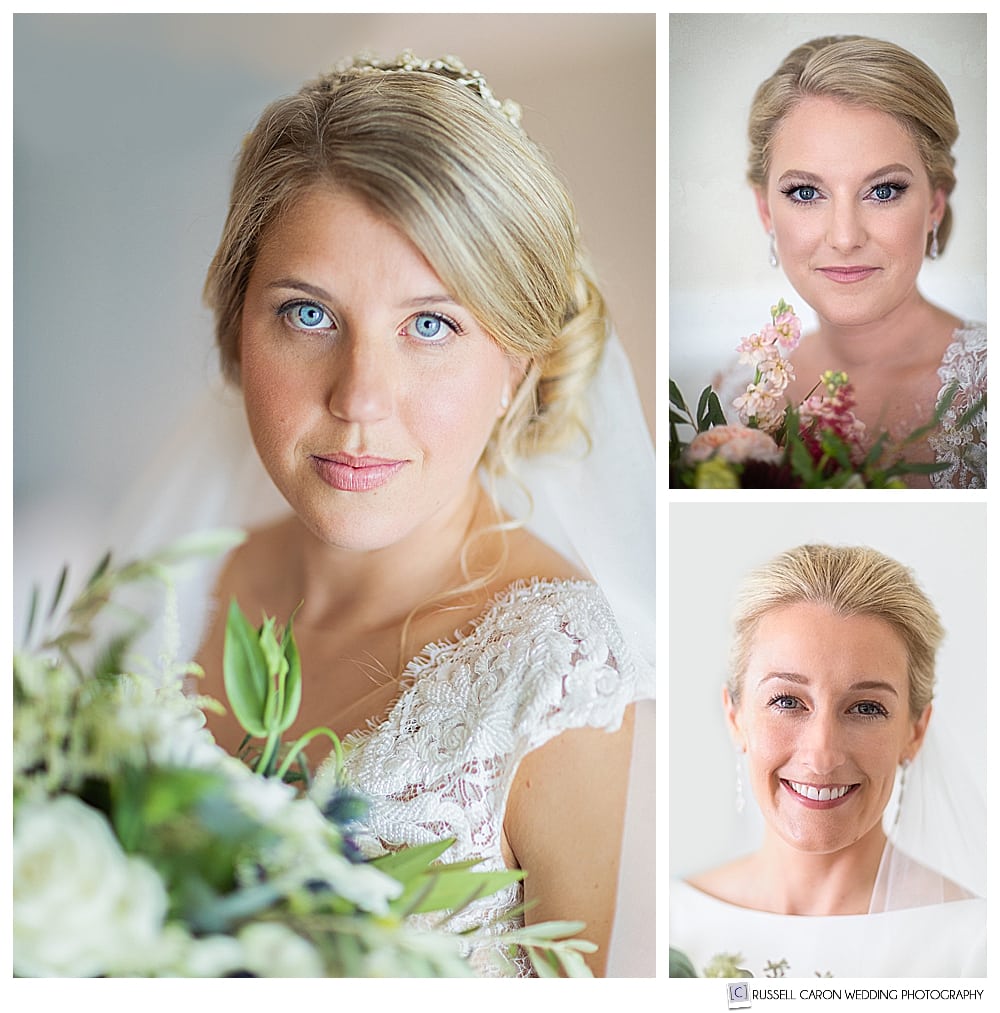 Three wedding bridal portraits by Maine wedding makeup artists