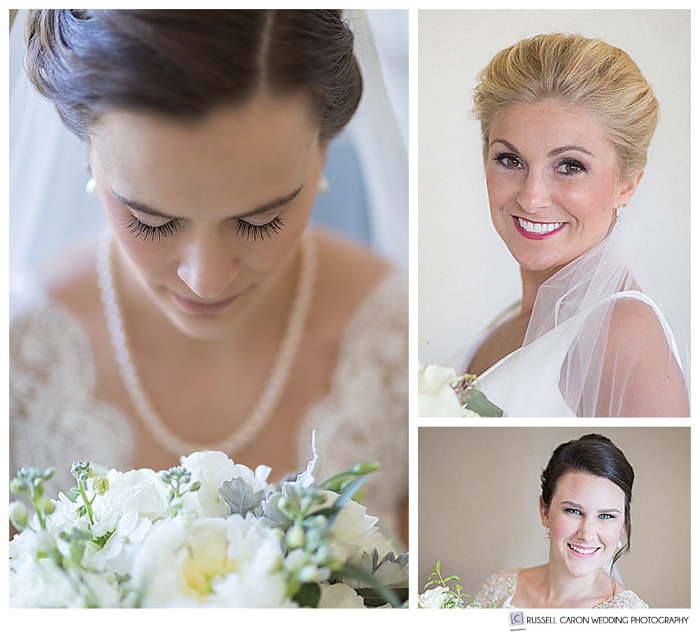 Three bridal portraits showcasing Maine wedding makeup artists