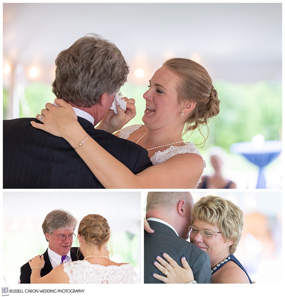 photos of bride dancing with her father, and groom dancing with his mother