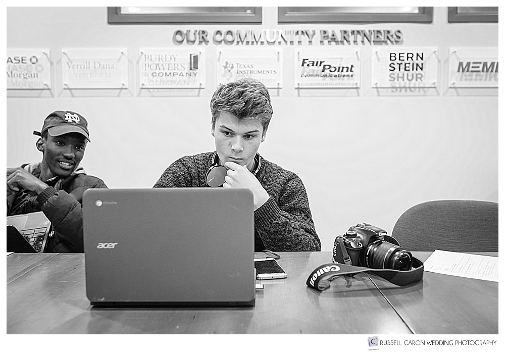 Casco Bay High School students processing their photos from their photography mentoring day 2018, with Russell Caron Wedding Photography