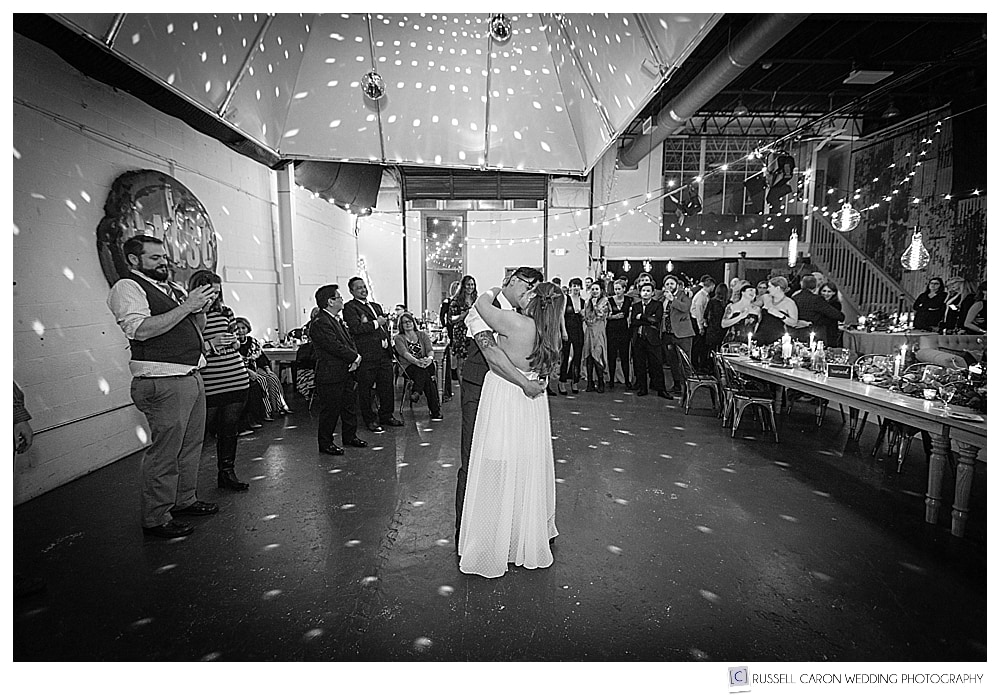 bride and groom dancing at their O'Maine Studios wedding reception Portland Maine