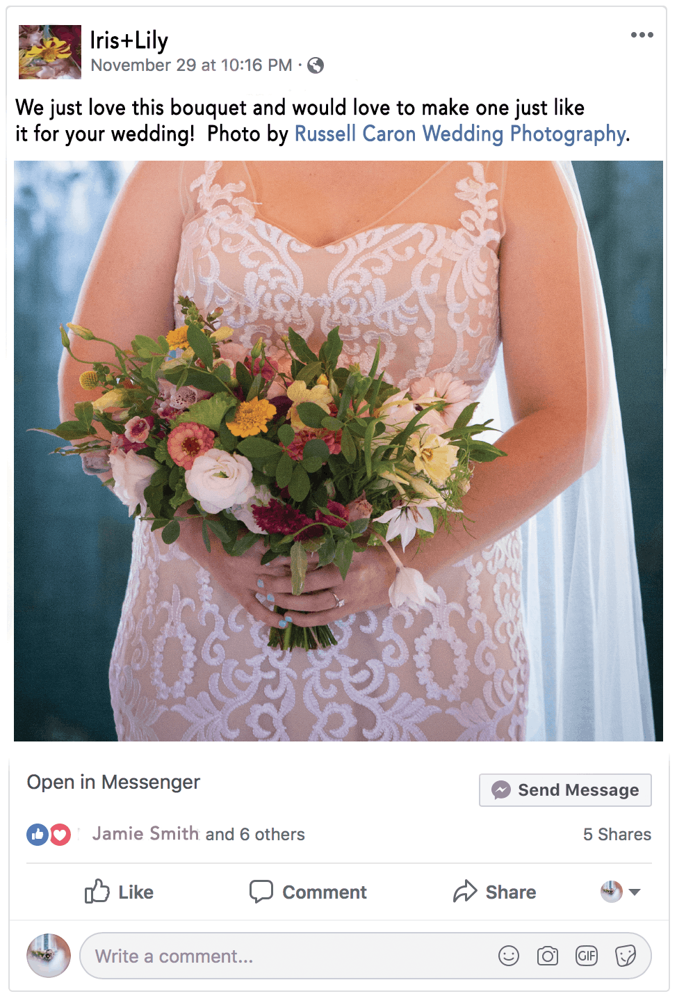 Bride holding a bouquet, in a post on Facebook showing how to properly use copyrights and photo credits for social media