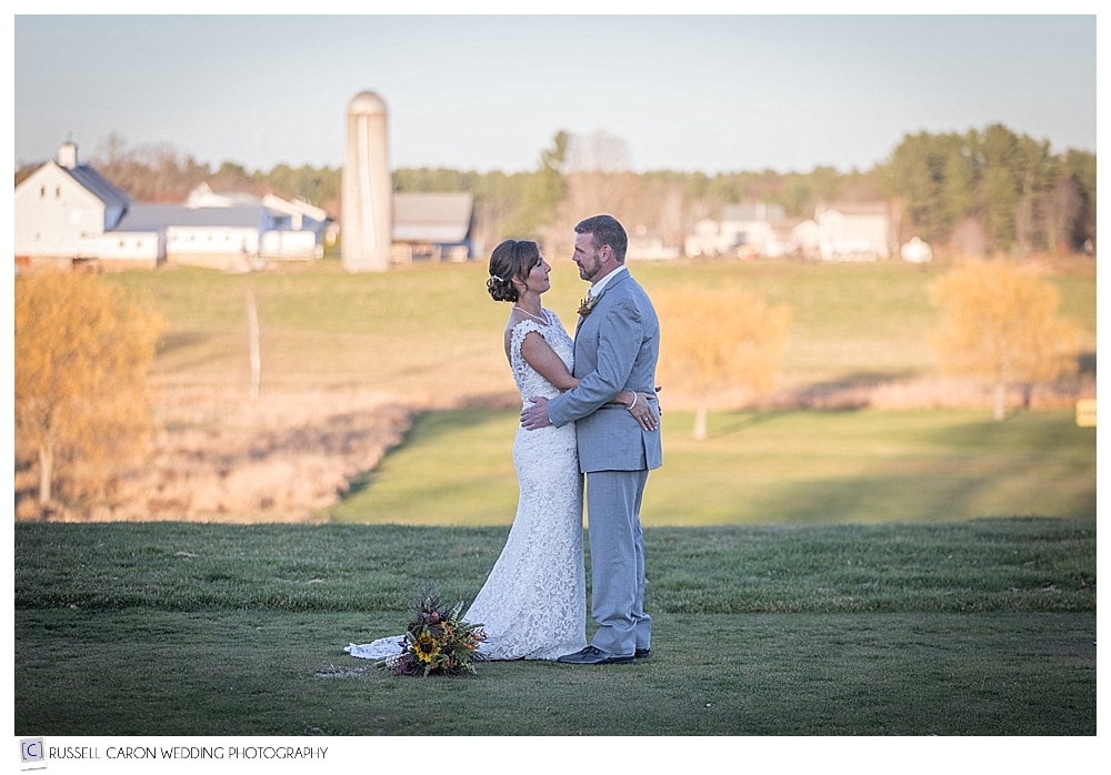 bride and groom at red barn at outlook farm south berwick maine wedding