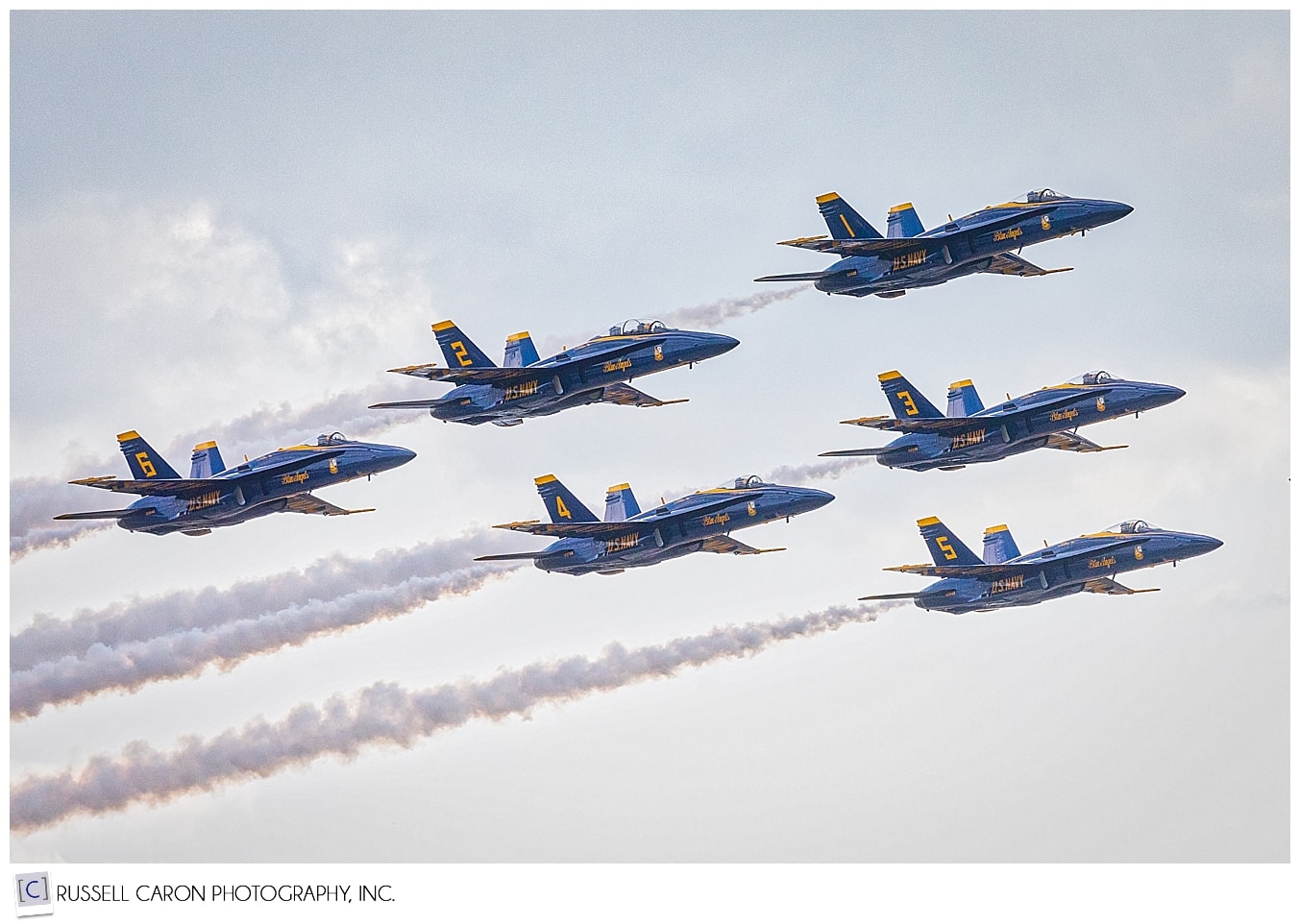 Close up of 6 US Navy Blue Angels flying in Delta formation 
