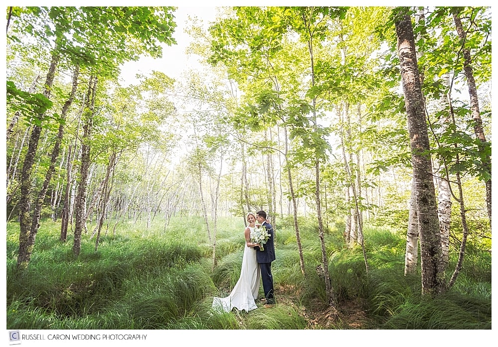 Acadia National Park wedding photos, bride and groom on Jesup Trail