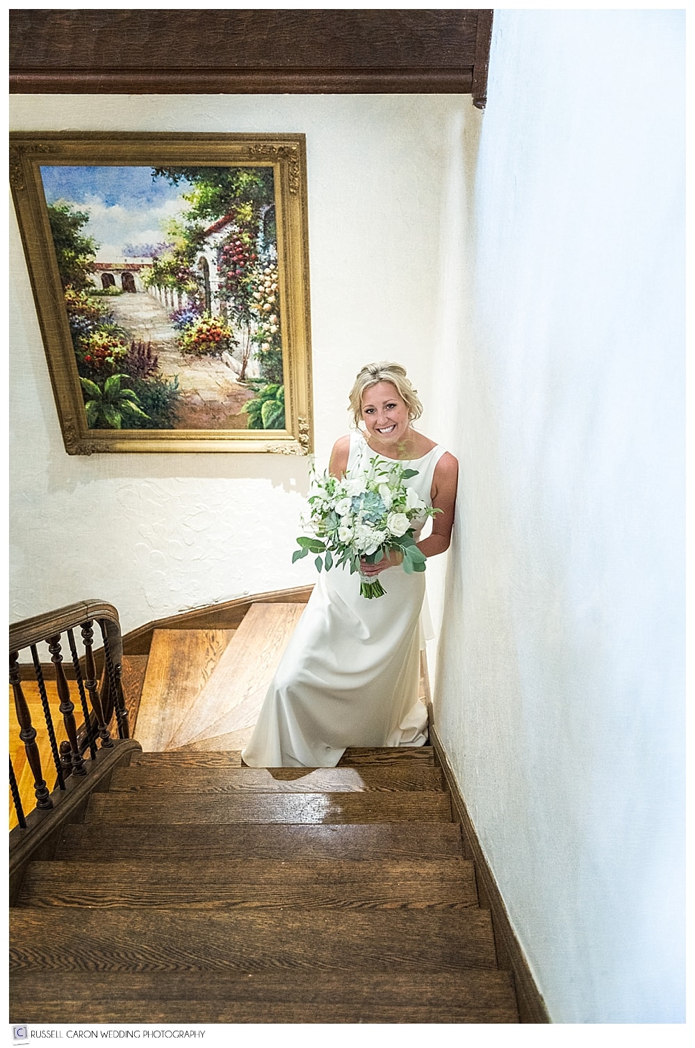 beautiful bride in the staircase at the Bar Harbor Club