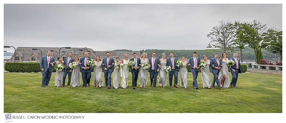 Bridal party arm-in-arm on the Bar Harbor Club lawn