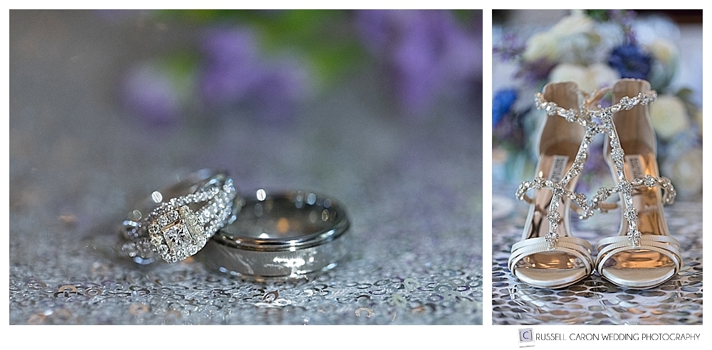 Wedding day detail photos, wedding rings, Badgley Mischka shoes. Bar Harbor, Maine, wedding photographers