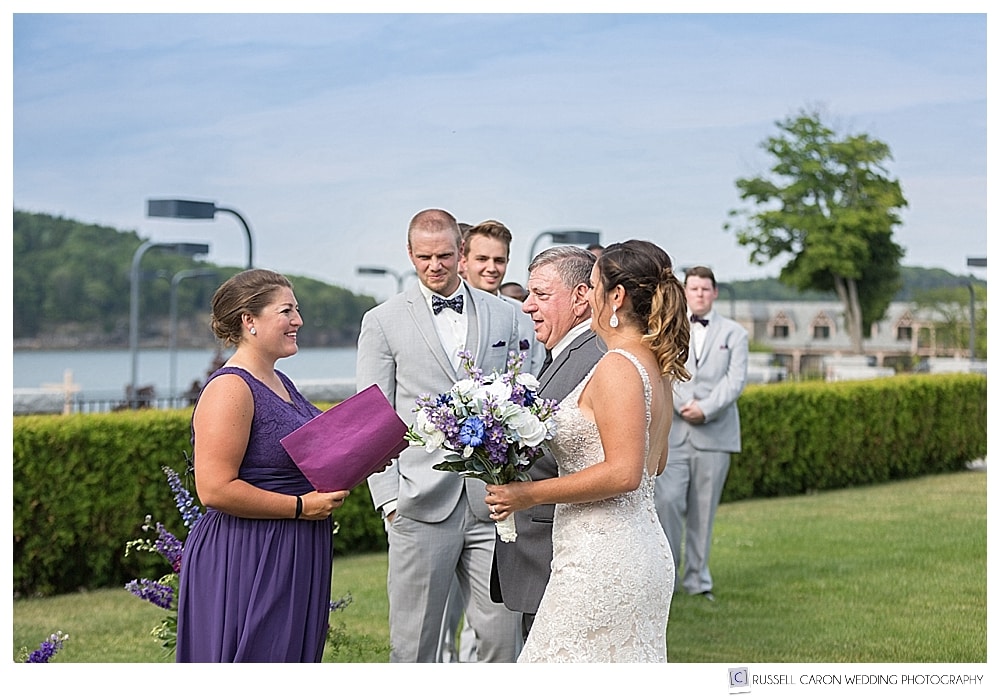 bride and her father reach the groom, Bar Harbor Club, Bar Harbor Maine destination wedding