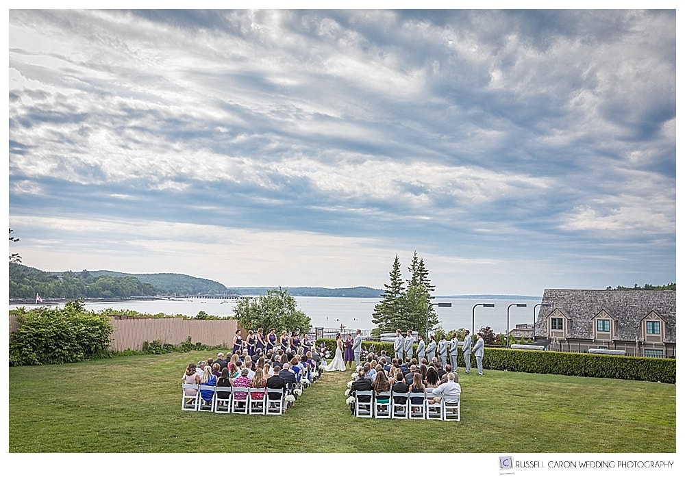 Outdoor wedding ceremony at the Bar Harbor Club, Bar Harbor, Maine. Bar Harbor Maine wedding photographers