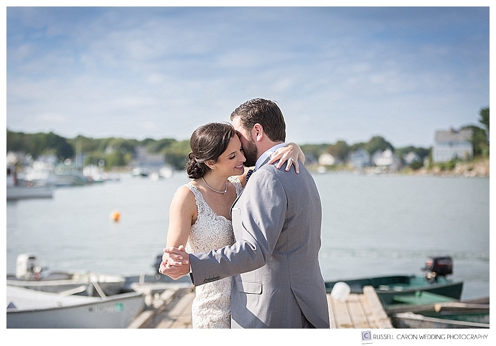 bride and groom dancing on a dock in Cape Porpoise, Kennebunkport, Maine