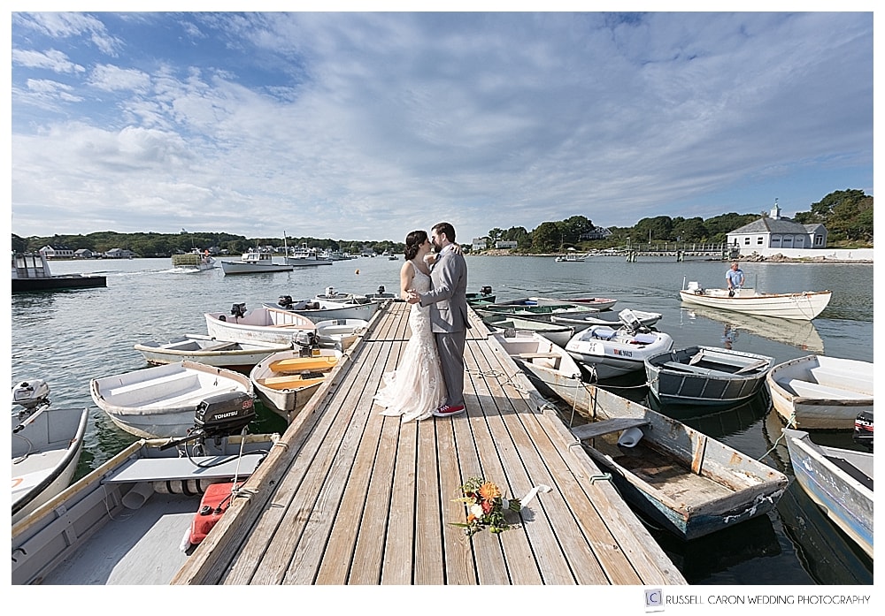 bride and groom dancing together on a dock in Cape Porpoise, Kennebunkport, Maine