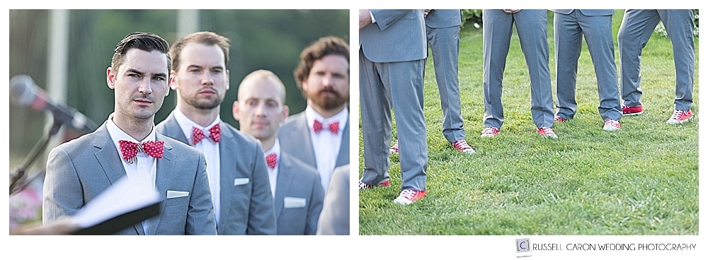 groomsmen wearing gray suits with red bowties and red converse sneakers