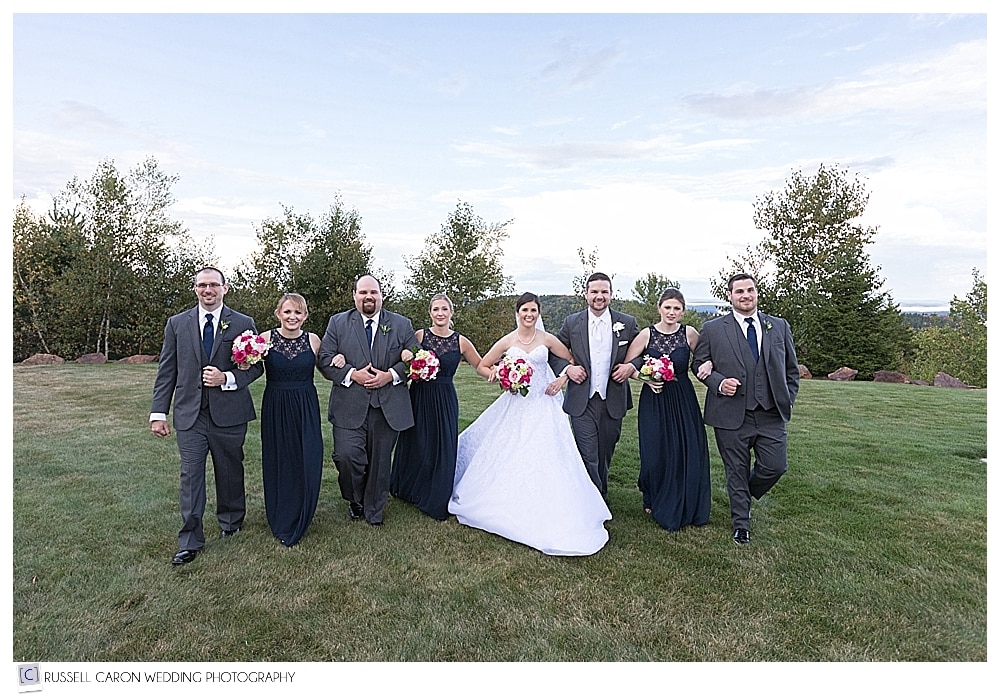 bride and groom with bridal party on the lawn at a beautiful Point Lookout wedding, Northport, Maine