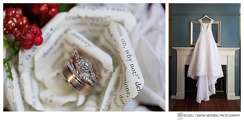 bridal details of Bethel Maine wedding, ring photos and dress hanging